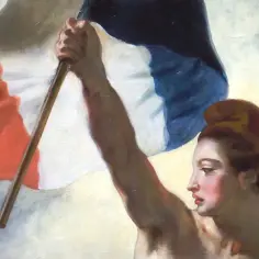 Wolność wiodąca lud na barykady, z uniesioną flagą Francji.
