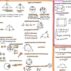 Wiele figur geometrycznych, w tym trójkąty, okręgi i bryły, z ich wzorami i twierdzeniami.
