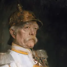 Portret Bismarcka w mundurze wojskowym, z charakterystycznym wąsem i hełmem.