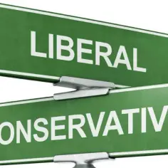 Dwa zielone znaki drogowe, jeden z napisem "LIBERAL", drugi "CONSERVATIVE", symbolizujące wybór ścieżki w polityce.