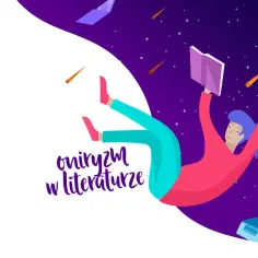Osoba w kosmicznej przestrzeni, otoczona spadającymi gwiazdami i książkami, czyta. To współczesny konwickiego, gdzie literatura unosi się w nieskończoność.
