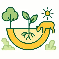 Ilustracja przedstawia drzewo, roślinę z korzeniami, krowę i słońce wewnątrz półkola. To symboliczna nisza ekologiczna.