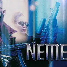 Mężczyzna z cybernetycznymi implantami i kobieta w okularach, oboje z bronią. To jest plakat filmu "Nemesis", gdzie każdy jest czyjąś nemezis.