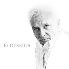 Portret Jacques'a Derridy w stylu szkicu, z jego imieniem po lewej stronie.