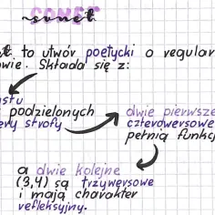 Sonet: utwór poetycki o regularnej budowie, czternastu wersów podzielonych na cztery strofy. Dwie pierwsze czetrowersowe pełnią funkcję opisową, a dwie kolejne (3,4) refleksyjną.
