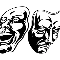 Dwie maski teatralne: jedna śmieje się histerycznie, druga wyraża głęboki tragizm.