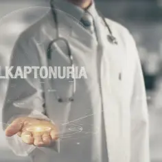 Lekarz prezentuje wirtualny glob z napisem "ALKAPTONURIA", sugerując diagnostykę i leczenie tej rzadkiej choroby.