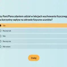 Ankieta z pytaniem o wpływ lekcji WF na zdrowie uczniów, z opcjami odpowiedzi na skali Likerta: Tak, Raczej tak, Nie, Raczej nie, Nie wiem.
