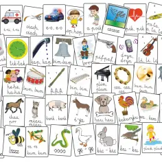 Zestaw kart z obrazkami i dźwiękami: brum, dzyń, i-u, ciach, e-o, hop, ho-ho-ho, puk, tik-tak, kap, bim-bam, szszsz, pik, fra-ta, gruchu, klap, puf-puf, e-e-e, he-he, bum, fi-fi, bim, plim, sza, bum, yyy, pi, ćwir, auuu, miau, kwik, i-ja, hau, kukuryku...
