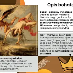 Dedal i Ikar lecą na skrzydłach z piór, symbolizując mit o Dedalu i Ikarze. Ojciec ostrzega syna przed słońcem.