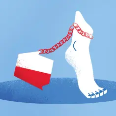 Biała stopa z czerwonymi paznokciami przykuta łańcuchem do kształtu przypominającego Polskę. To symboliczna danina.
