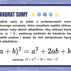 Kwadrat sumy, jeden z wzorów skróconego mnożenia: (a+b)² = a² + 2ab + b². Przykład: (5+x)² = 25 + 10x + x².