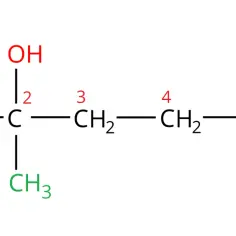 Schemat przedstawia 2-chloro-2-pentanol, przykład alkoholu z rozgałęzieniem, ilustrujący rzędowość alkoholi.
