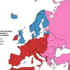 Mapa Europy pokazująca dominujące wyznania chrześcijańskie: katolicyzm (czerwony), protestantyzm (niebieski) i prawosławie (różowy). Widoczny jest historyczny rozłam w kościele.