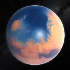 Czerwona planeta, Mars, w otoczeniu gwiazd. Widoczne są jego pomarańczowe pustynie i niebieskie obszary, być może dawne oceany.