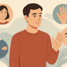 Mężczyzna komunikuje się, używając gestów i mimiki, co podkreśla jego **funkcja ekspresywna**. Wokół niego widoczne są symbole: uśmiechnięta twarz, oko, dłoń i skrzyżowane ramiona.