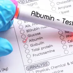 Rękawiczka w niebieskiej rękawiczce trzyma probówkę z napisem "Albumin - Test". Na formularzu zaznaczono "Albumin", co może oznaczać badanie poziomu albumin.