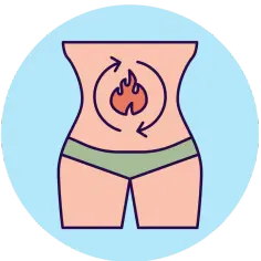 Ilustracja przedstawia sylwetkę człowieka z zaznaczonym brzuchem, w którym widnieje płomień i strzałki symbolizujące procesy metaboliczne, w tym katabolizm.