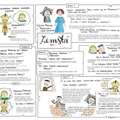 Ballada o Cześniku i Papkinie. Komiks przedstawia sceny z "Zemsty" Fredry, ukazując perypetie bohaterów.