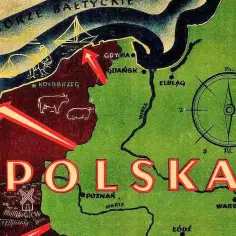 Mapa Polski z zaznaczoną granicą państwową, miastami i symbolami gospodarczymi. Strzałki wskazują kierunki.