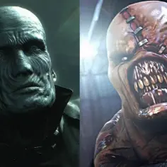 Dwa potwory z gry Resident Evil. Po lewej człowiek, po prawej przerażający Nemesis. Co to za bestia?