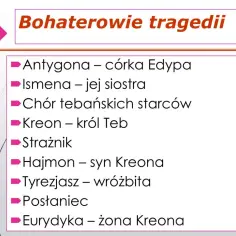 Ismena, siostra Antygony, jest jedną z postaci tragedii. Lista bohaterów zawiera także Kreona, Hajmona i Eurydykę.