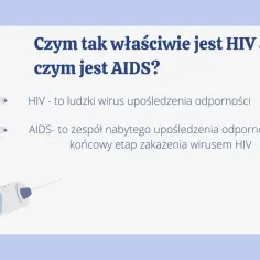 HIV to wirus, AIDS to jego końcowy etap. Grafika wyjaśnia różnicę między nimi, ilustrując strzykawkami.