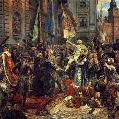 Uroczysta procesja z udziałem postaci historycznych, symbolizująca proces filomatów i filaretów. Tłum, sztandary i wojsko tworzą dynamiczną scenę.