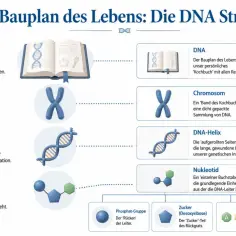 Schematyczne przedstawienie budowy **DNA**: od książki życia, przez chromosomy i helisę, po nukleotydy, cukier, fosforany i zasady azotowe.