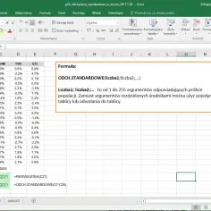 Arkusz kalkulacyjny Excel z danymi i formułą ODCH.STANDARDOWE, obliczającą odchylenie standardowe dla próby danych.