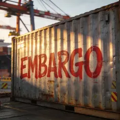 Kontener w porcie z napisem "EMBARGO" w języku polskim. W tle statek i dźwigi.