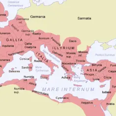 Mapa ukazująca rozległe cesarstwo rzymskie, obejmujące Europę, Afrykę Północną i Bliski Wschód.