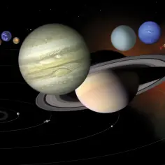 Układ Słoneczny z planetami po kolei: Słońce, Merkury, Wenus, Ziemia, Mars, Jowisz, Saturn, Uran, Neptun.