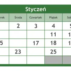 Styczeń w kalendarzu. Czy to rok przestępny, kiedy? Zobacz daty: 2, 3, 4, 5, 6, 11, 12, 15, 17, 18, 19, 23, 25, 28.