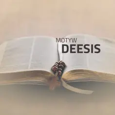 Otwarta Biblia z różańcem i krzyżem, tekst "Motyw Deesis" sugeruje duchowe rozważania.