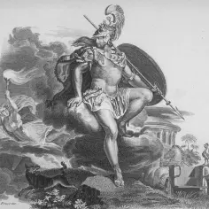 Ares, bóg wojny, w zbroi i z tarczą, siedzi na chmurach. Obok niego biegnie pies, a w oddali widać rydwan i koguta.