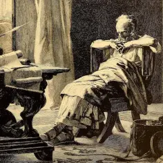 Archimedes, w zamyśleniu, siedzi przy stole z zwojami. Żołnierz w hełmie pilnuje.
