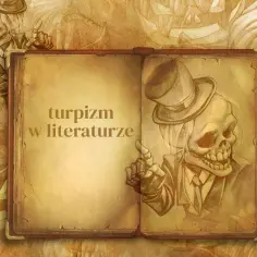 Otwarta księga z napisem "turpizm w literaturze". Po lewej szkic szkieletora w garniturze, po prawej drugi szkieletor w cylindrze i garniturze, wskazujący palcem.