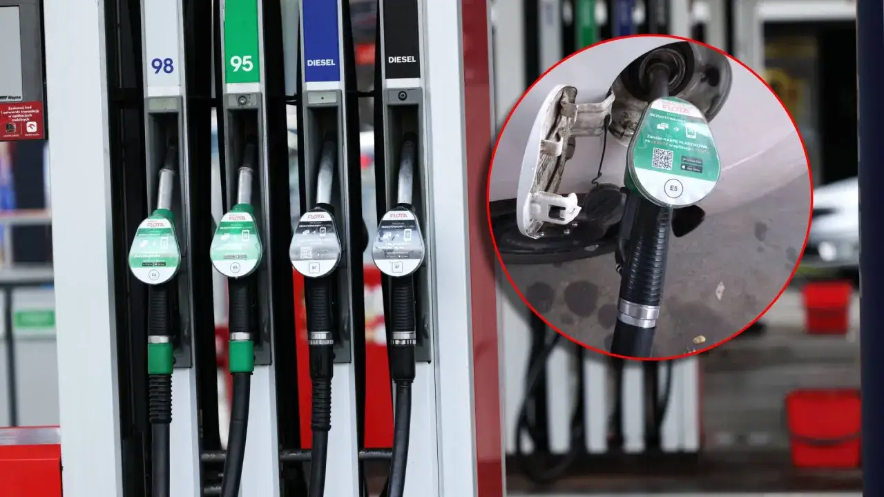 Dostępne różne rodzaje paliwa, w tym benzyna o wysokiej liczbie oktanowej 95 i 98, oraz diesel. W kadrze widać dystrybutory i nalewak z oznaczeniem E5.
