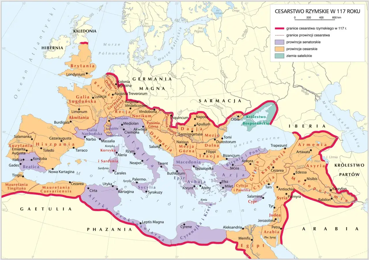 Mapa Europy i Bliskiego Wschodu z zaznaczonymi granicami i prowincjami Cesarstwa Rzymskiego w 117 roku.