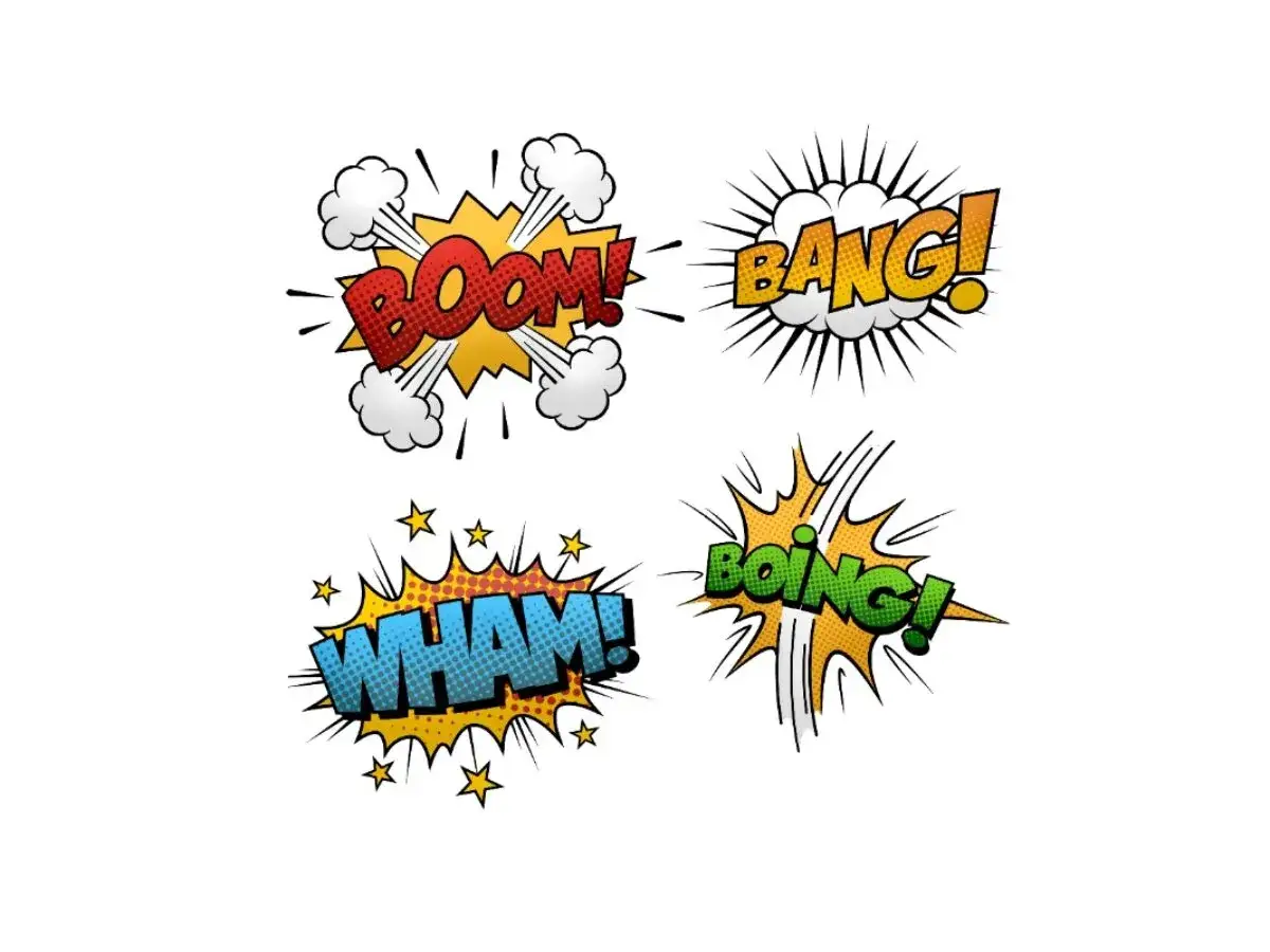 Cztery dymki z komiksowymi wyrazami dźwiękonaśladowczymi: BOOM!, BANG!, WHAM!, BOING!