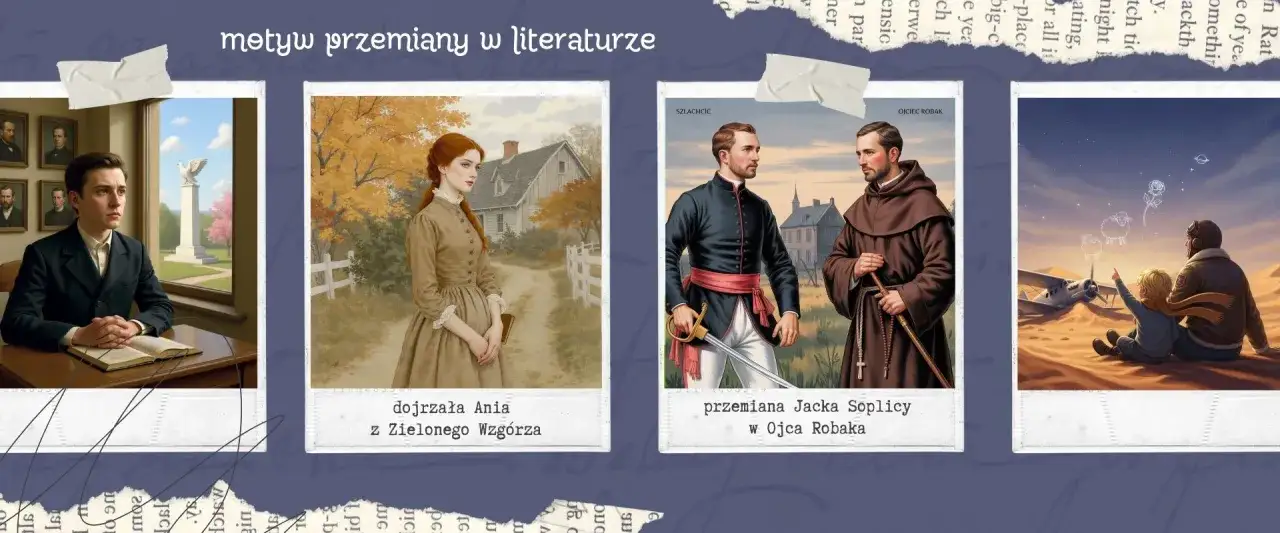 Młody mężczyzna przy książce, dojrzewająca Ania, przemiana Jacka Soplicy w Ojca Robaka i Mały Książę z pilotem – przykłady motywu przemiany w literaturze.