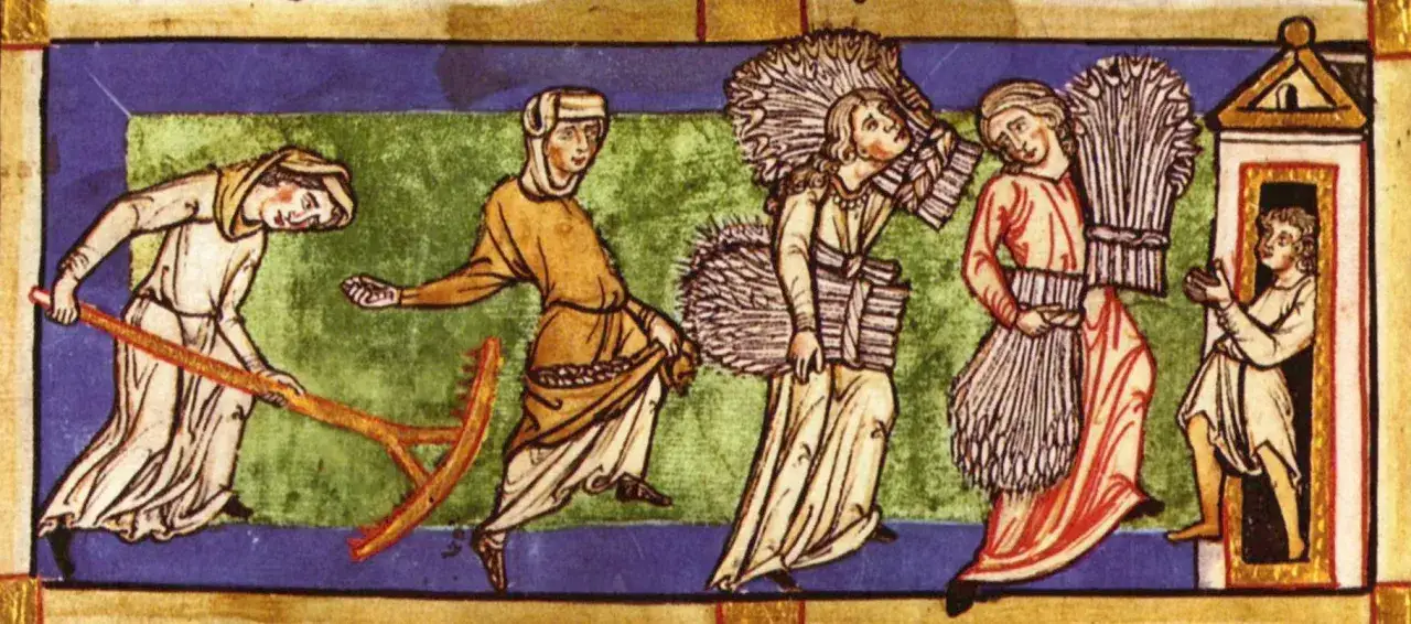 Ludzie zbierają plony, by zapłacić daninę. Jeden z nich pracuje z kosą, inni niosą snopy zboża do spichlerza.