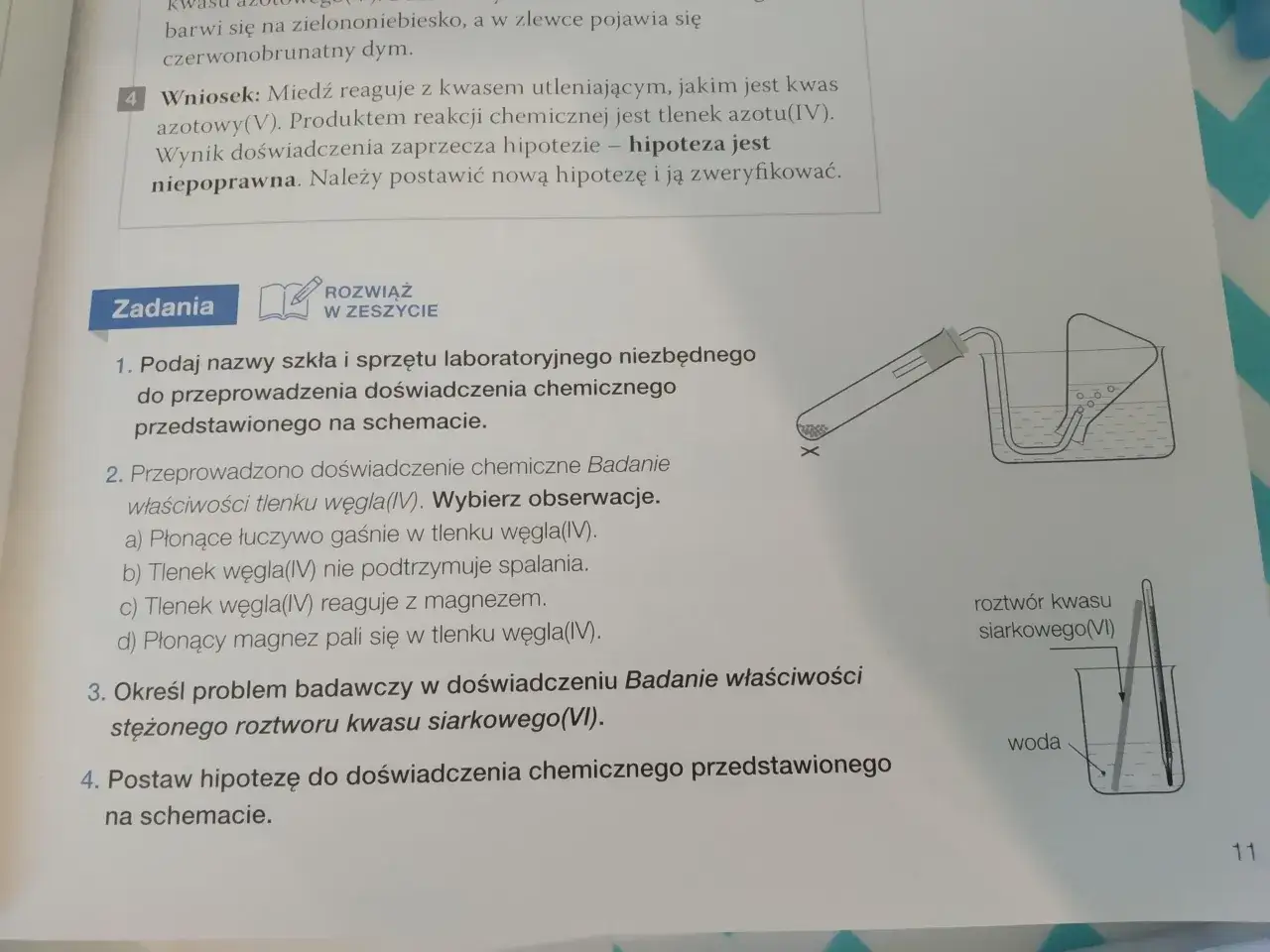 Wniosek: Miedź reaguje z kwasem utleniającym, produktem jest tlenek azotu(IV). Wynik zaprzecza hipotezie – hipoteza jest niepoprawna. Należy postawić nową hipotezę.
