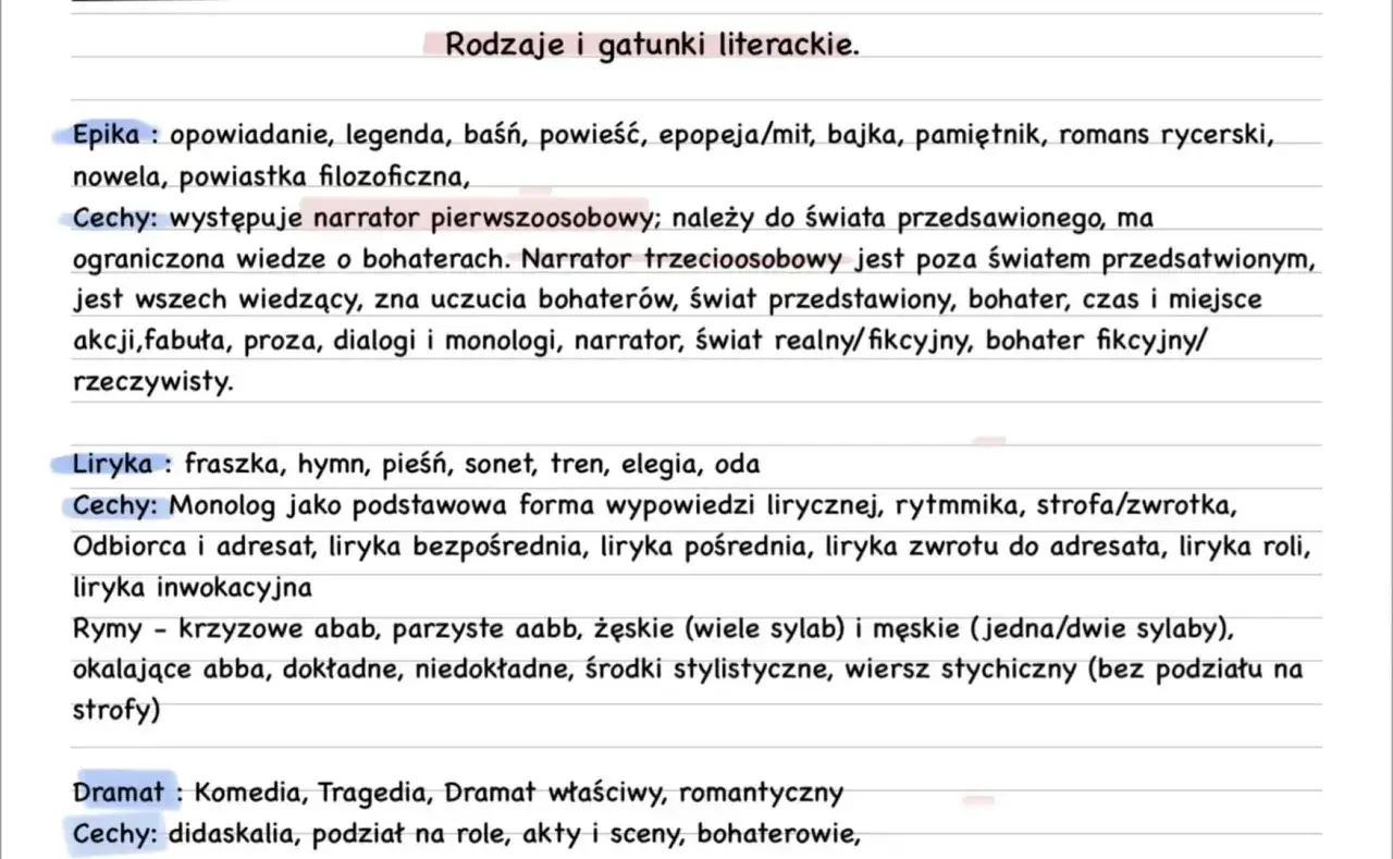 Rodzaje i gatunki literackie: epika (np. powieść), liryka, dramat. Opis cech narracji, formy wypowiedzi i budowy utworów.