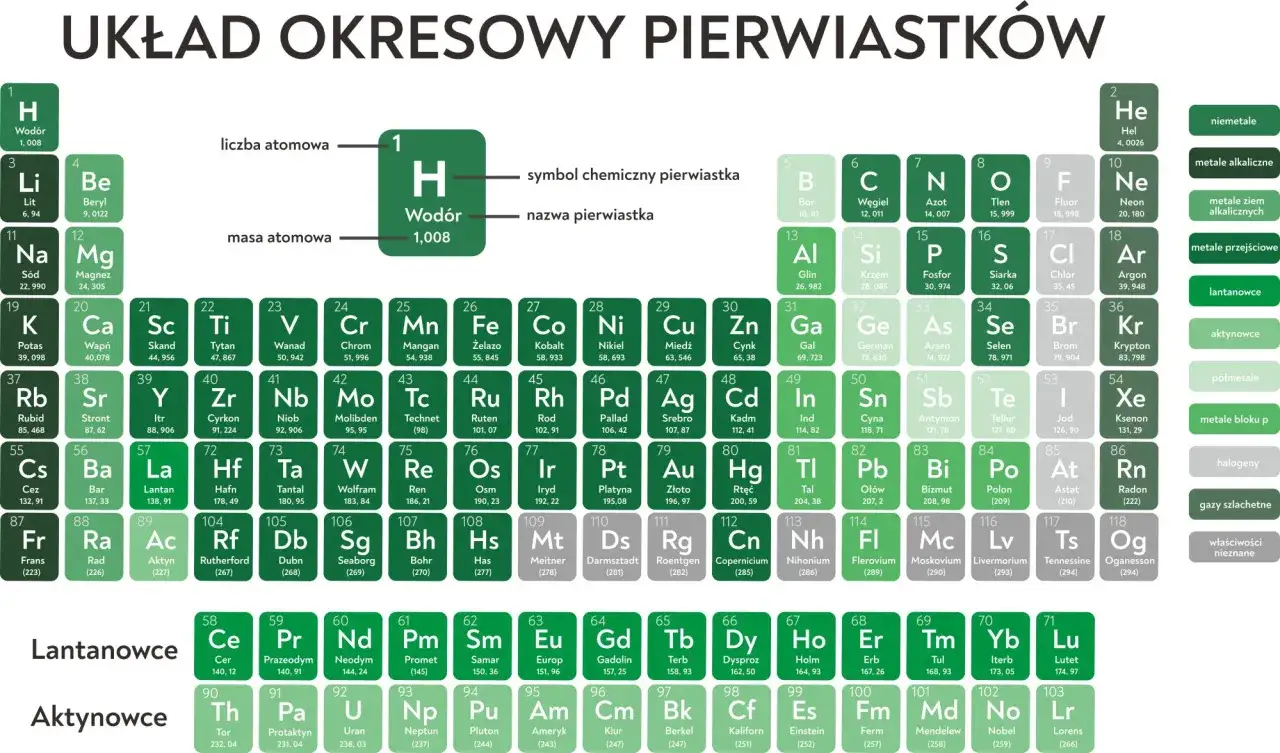 Układ okresowy pierwiastków, z wyróżnionymi grupami: lantanowce i aktynowce.