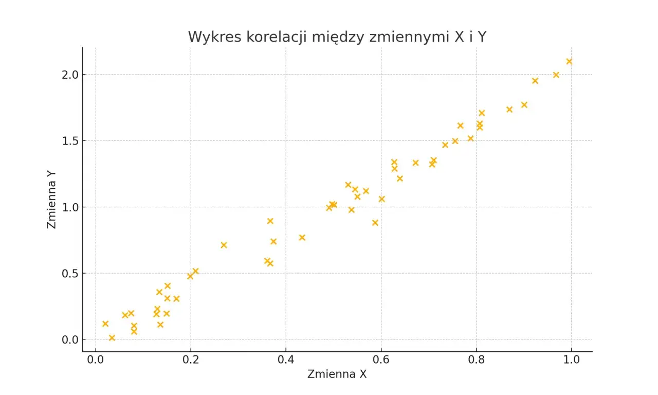 Wykres punktowy pokazuje silną dodatnią korelację między zmiennymi X i Y.
