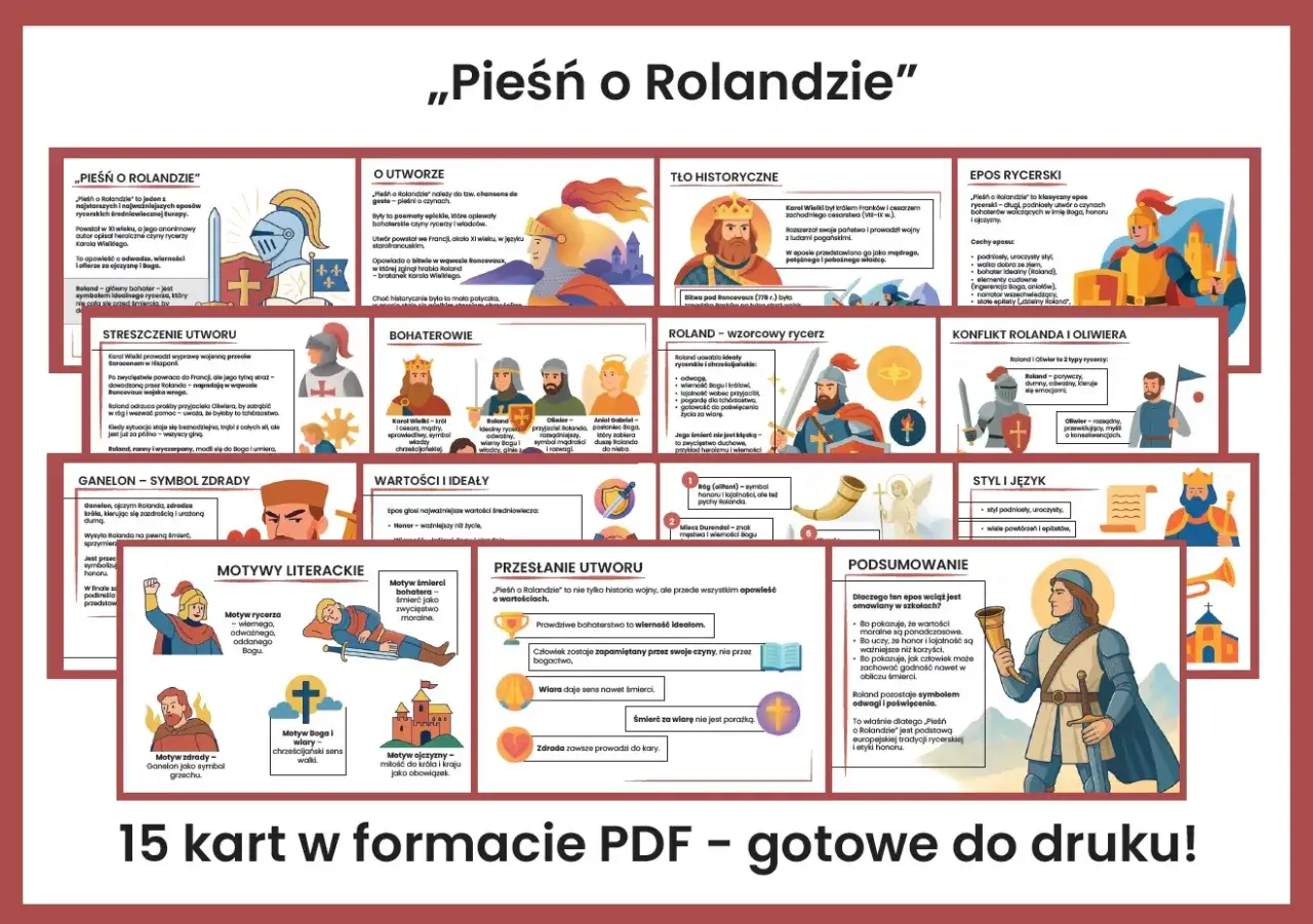 Pieśń o Rolandzie streszczenie: heroiczna opowieść o rycerzach, honorze i wierności Bogu. Obraz przedstawia kluczowe postacie i motywy.