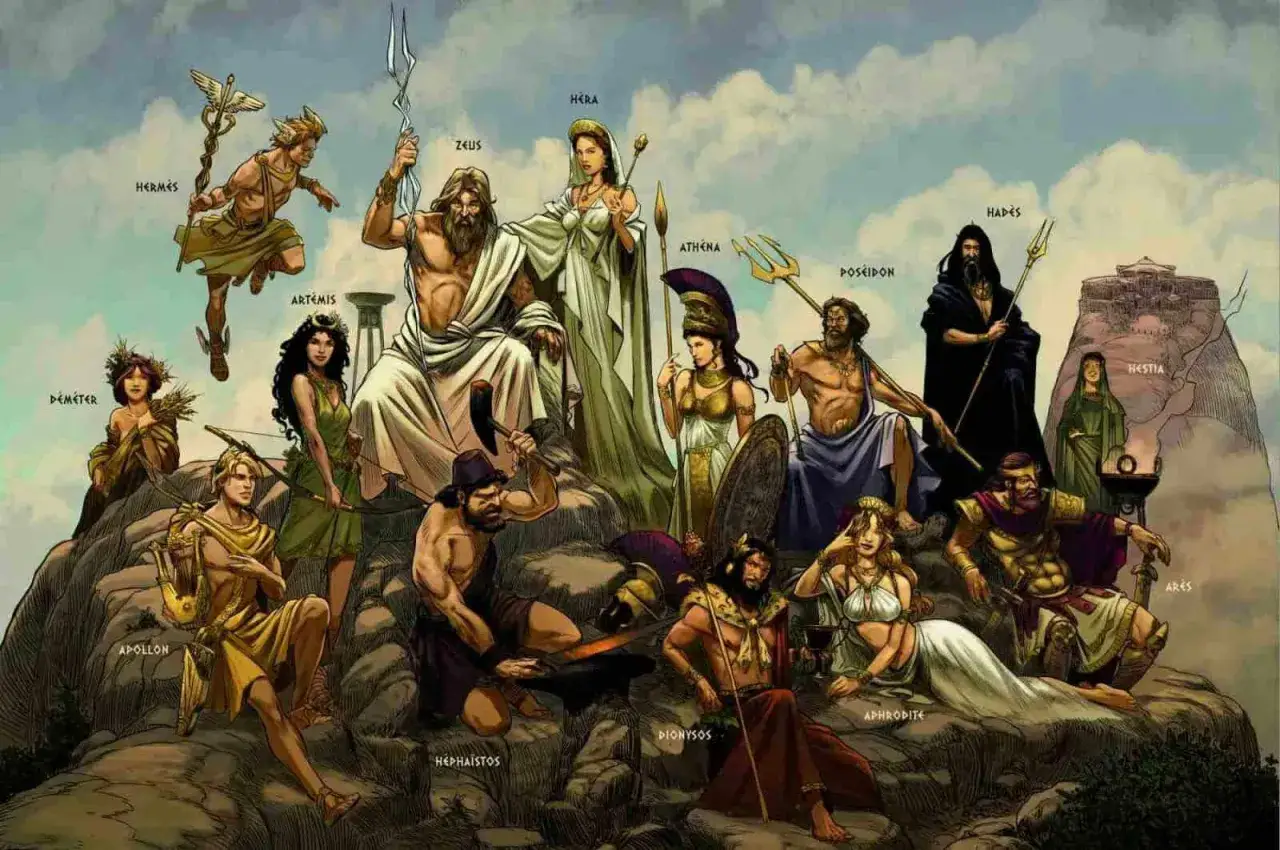 Olimpijscy bogowie z mitów greckich: Zeus, Hera, Hades, Posejdon, Atena, Apollo, Artemida, Hermes, Afrodyta, Ares, Hefajstos, Demeter, Dionizos i Hestia.