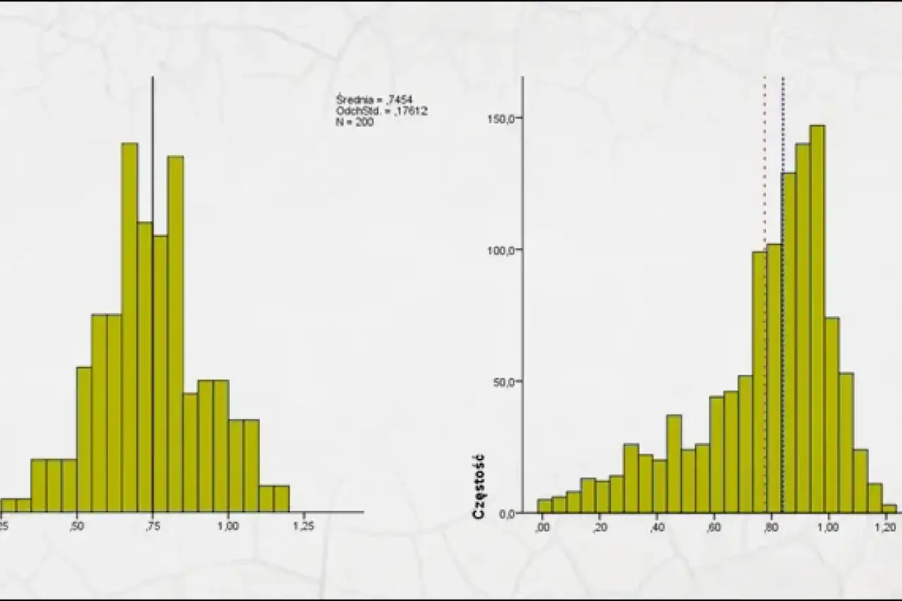 Dwa histogramy pokazują rozkład danych. Na lewym dominanta jest blisko 0,75. Prawy histogram ma wyraźną dominantę w okolicach 0,9.